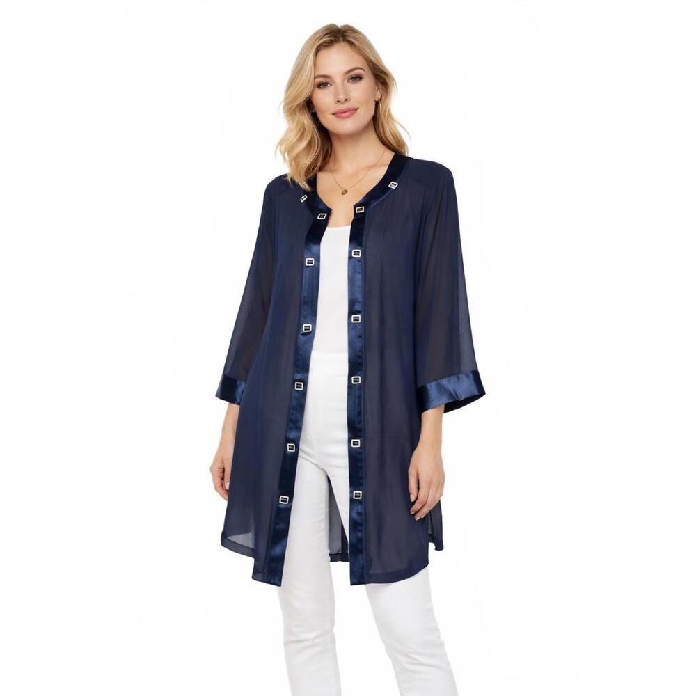 X-Land Dolce Vintage Sheer Navy Kimono Cardigan Satin- Trim & Rhinestone Accents